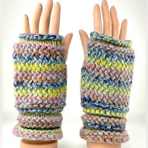 Hand Knitted Pastel Pink Blue Yellow Striped Women’s Fingerless Mittens Gloves